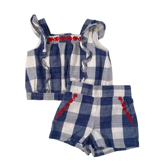 Janie and Jack 2 Piece Floral Top and Shorts Checkered Set, Blue White 6-12 mo - Picture 1 of 3